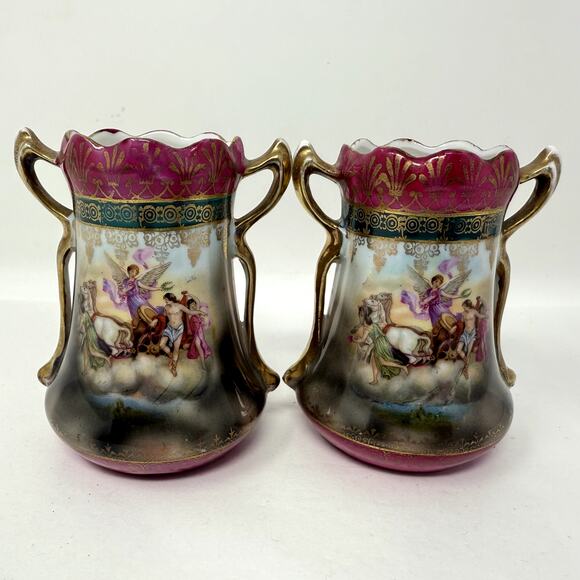Lot 2 Antique Porcelain Decorative Cups Vases with Gold Trim Hand Painted Scene - Picture 5 of 10